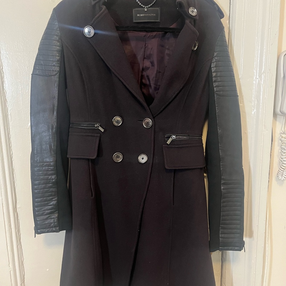 BCBGMAXAZRIA Plum Purple Double-Breasted Coat with Leather Sleeves